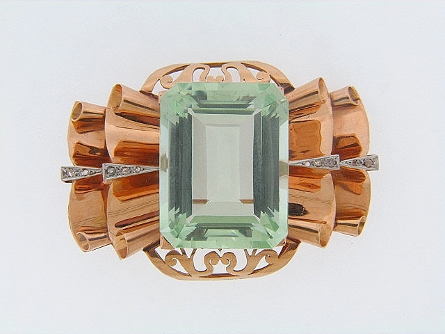 14K-RG GREEN BERYL AND DIAMOND BROOCH | 18 Karat Appraisers | Beverly Hills, CA | Fine Jewelry 14K-RG GREEN BERYL AND DIAMOND BROOCH | 18 Karat Appraisers | Beverly Hills, CA | Fine Jewelry