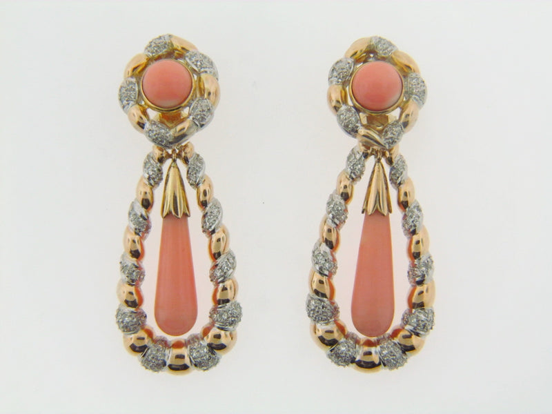 14K-YG+WG PINK CORAL AND DIAMOND EARRINGS | 18 Karat Appraisers | Beverly Hills, CA | Fine Jewelry