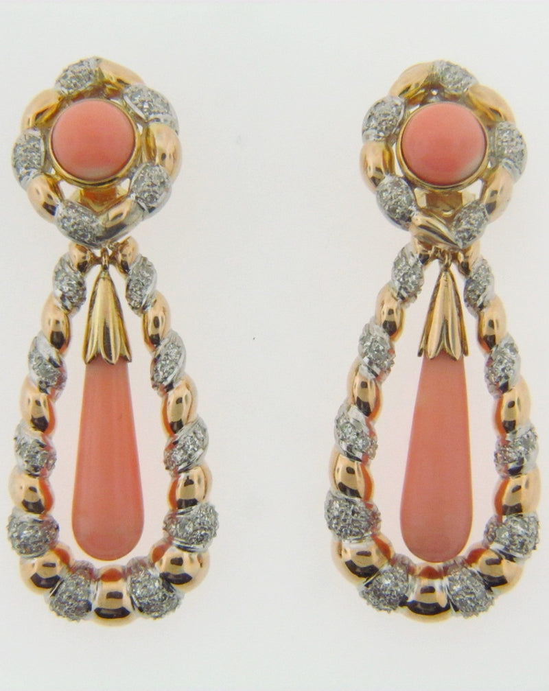 14K-YG+WG PINK CORAL AND DIAMOND EARRINGS | 18 Karat Appraisers | Beverly Hills, CA | Fine Jewelry