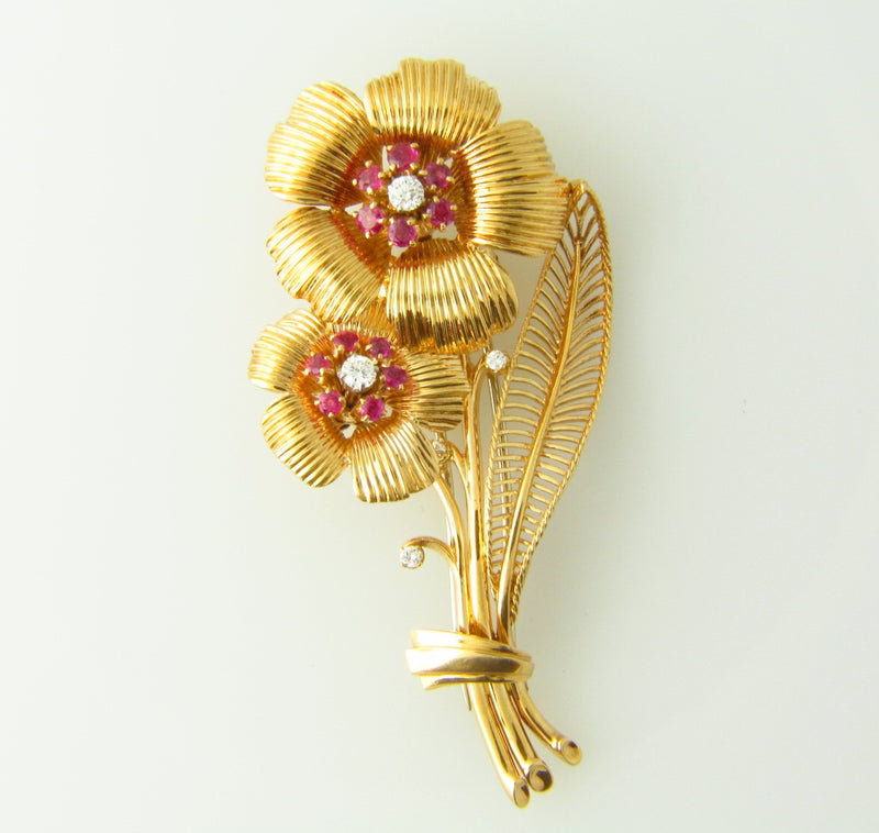 18K Rose Gold, Diamond and Ruby Flower Brooch | 18 Karat Appraisers | Beverly Hills, CA | Fine Jewelry