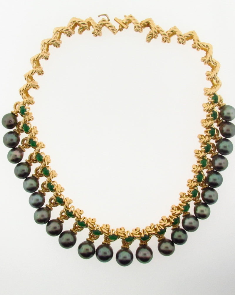 18K Yellow Gold Black Tahitian Pearl and Emerald Necklace | 18 Karat Appraisers | Beverly Hills, CA | Fine Jewelry