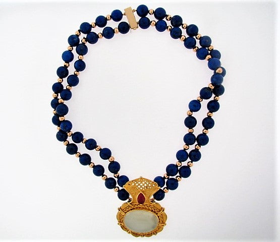 18K-YG MOONSTONE AND LAPIS LAZULI NECKLACE