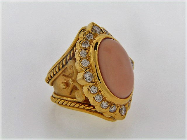 18K-YG PINK CORAL AND DIAMOND RING