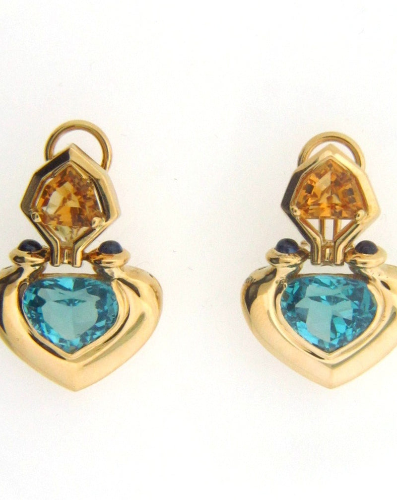 18K Yellow Gold Blue Topaz, Citrine, and Sapphire Earrings | 18 Karat Appraisers | Beverly Hills, CA | Fine Jewelry