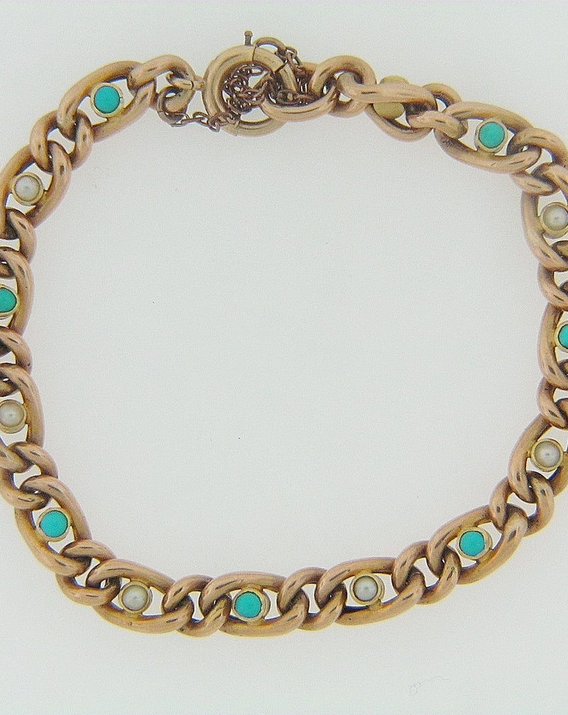 14K YELLOW GOLD TURQUOISE AND SEED PEARL BRACELET | 18 Karat Appraisers | Beverly Hills, CA | Fine Jewelry
