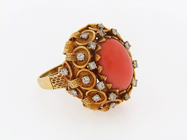 18K-YG PINK CORAL AND DIAMOND RING | 18 Karat Appraisers | Beverly Hills, CA | Fine Jewelry