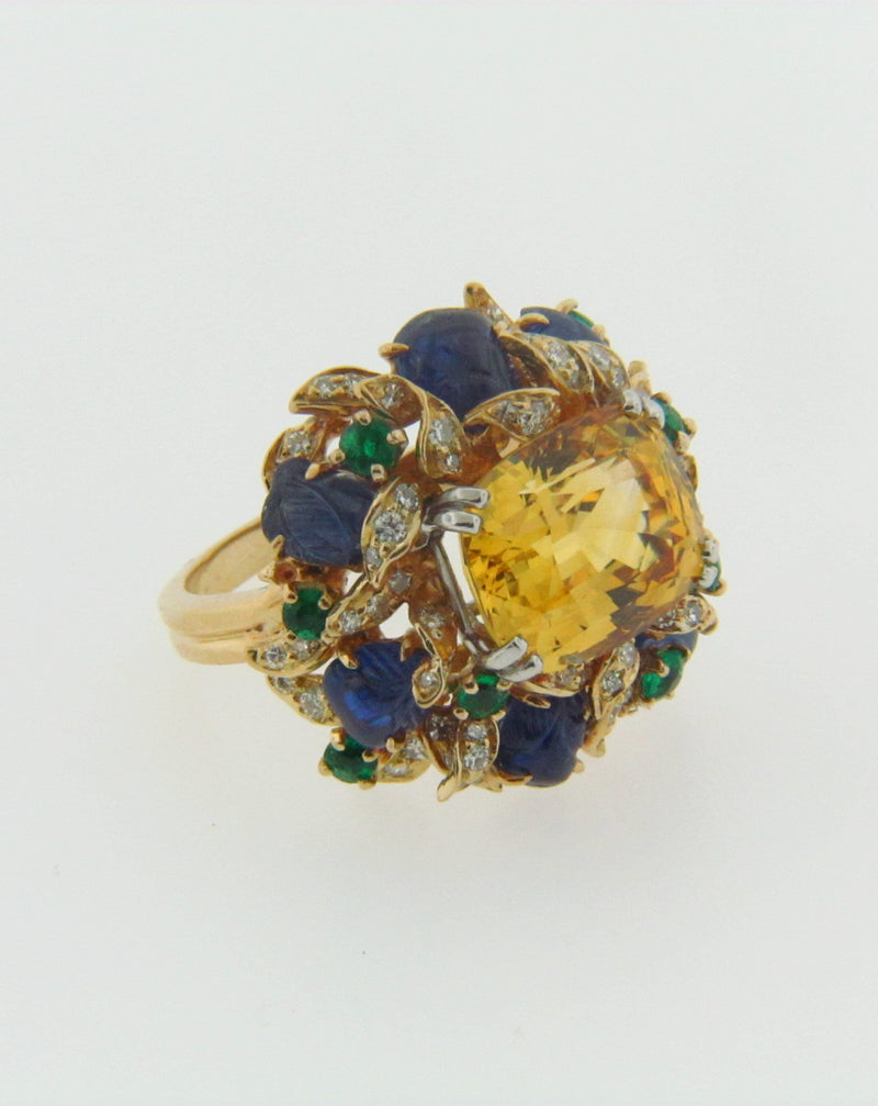 18K YELLOW GOLD, YELLOW SAPPHIRE, EMERALD, SAPPHIRE, AND DIAMOND RING