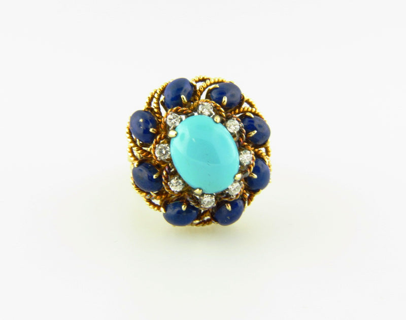 18K Yellow Gold, Turquoise, Lapis Lazuli, and Diamond Ring