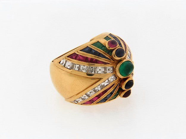 18K-YG MULTI-COLOR GEMSTONE AND DIAMOND DOME RING