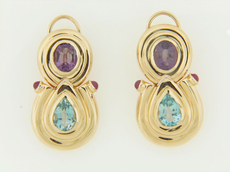 14K-YG BLUE TOPAZ, AMETHYST, AND RUBY EARRINGS | 18 Karat Appraisers | Beverly Hills, CA | Fine Jewelry