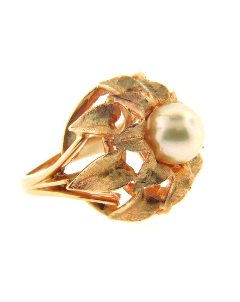 14K Yellow Gold Pearls Textured Ring