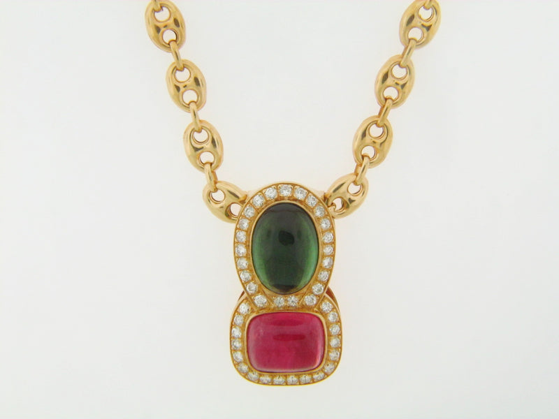 18K YELLOW GOLD PINK AND GREEN TOURMALINE AND DIAMOND PENDANT | 18 Karat Appraisers | Beverly Hills, CA | Fine Jewelry