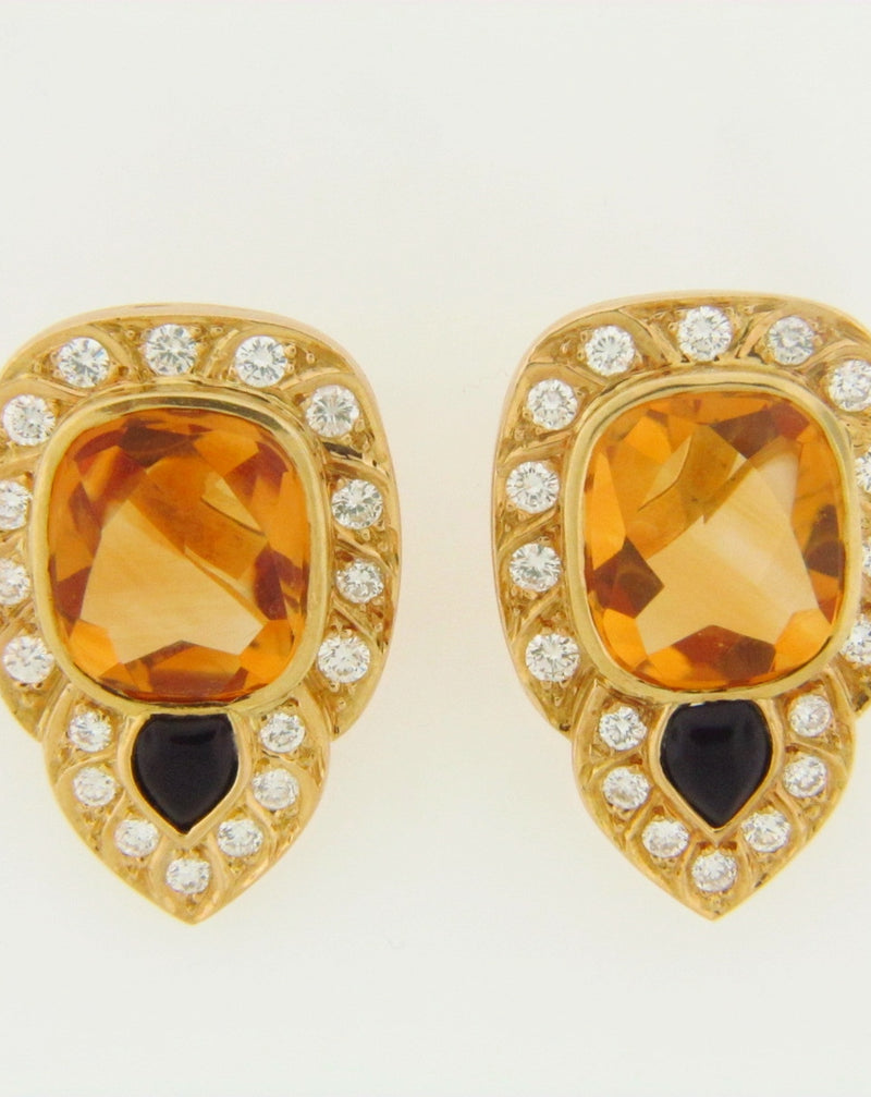 18K YELLOW GOLD CITRINE, BLACK ONYX, DIAMOND EARRINGS | 18 Karat Appraisers | Beverly Hills, CA | Fine Jewelry