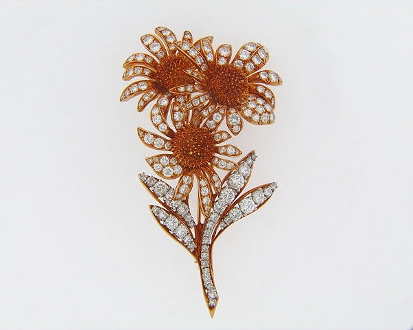 18K-YG AND PLATINUM FLORAL SUNBURST DIAMOND BROOCH