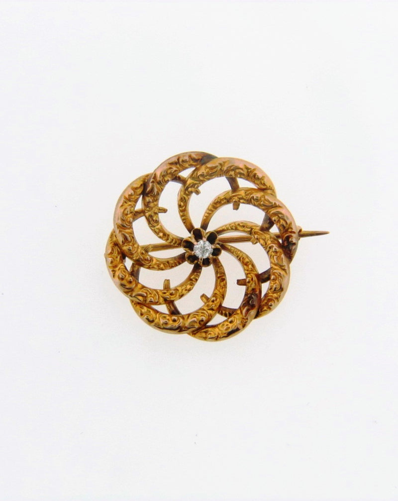 Victorian 18K Yellow Gold Swirl Motif Diamond Pin | 18 Karat Appraisers | Beverly Hills, CA | Fine Jewelry