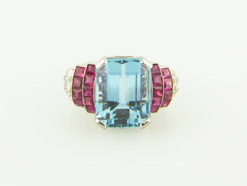 Retro Platinum, Aquamarine, Ruby, and Diamond Ring | 18 Karat Appraisers | Beverly Hills, CA | Fine Jewelry