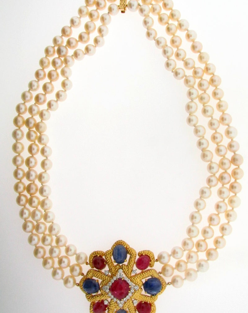 18K-YG RUBY, SAPPHIRE, DIAMOND, AND PEARL NECKLACE | 18 Karat Appraisers | Beverly Hills, CA | Fine Jewelry