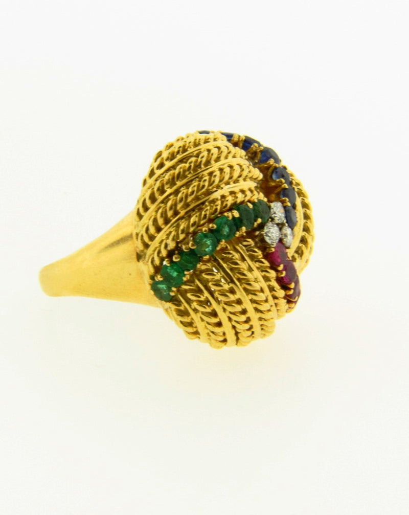 18K-YG DIAMOND AND MULTI-GEMSTONE DOME RING