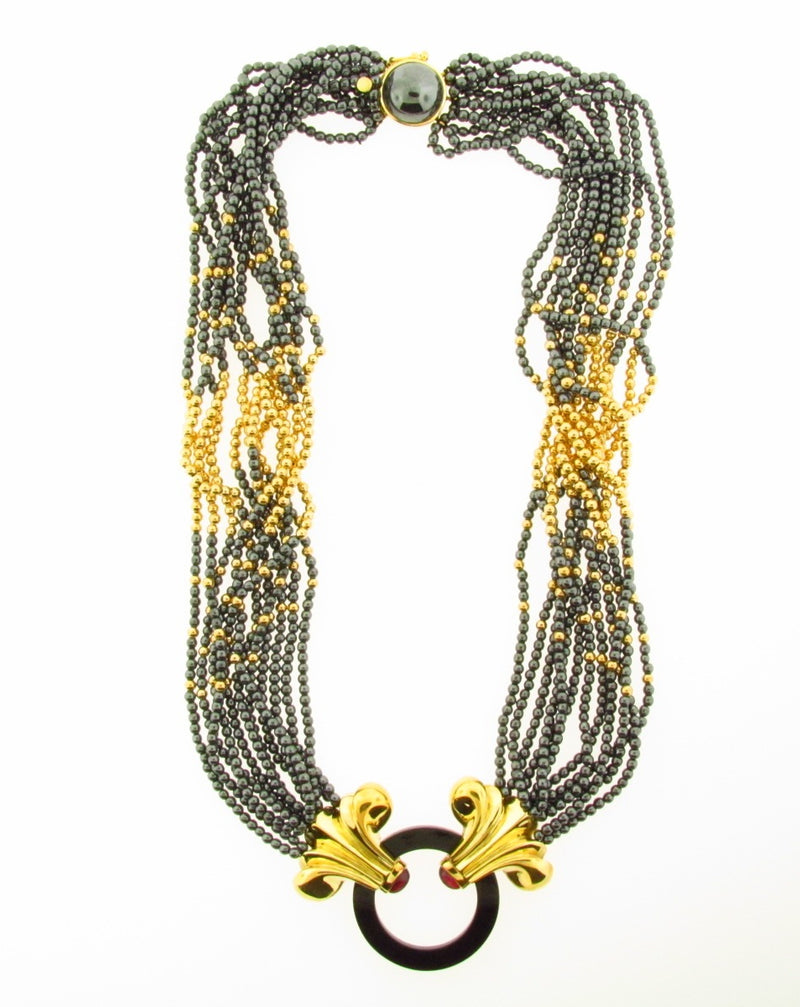 18K Yellow Gold, Hematite, Onyx, and Pink Tourmaline Necklace | 18 Karat Appraisers | Beverly Hills, CA | Fine Jewelry