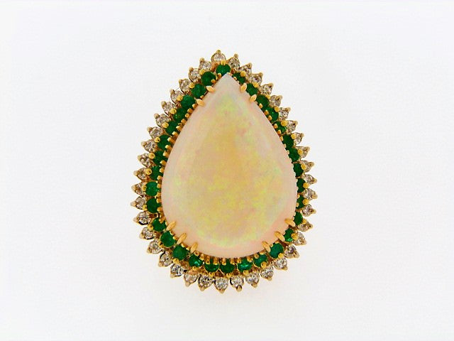 18K-YG WHITE OPAL, DIAMOND, EMERALD RING