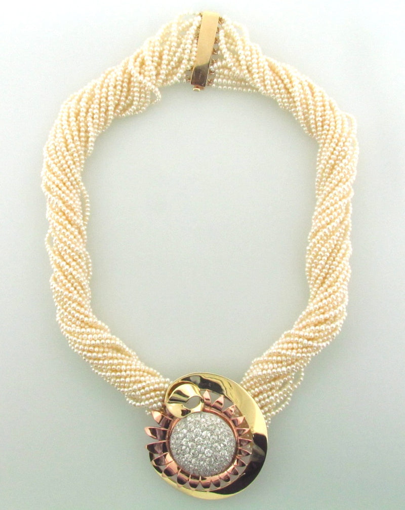 Retro 14K Yellow Gold, Rose Gold, and Platinum Diamond Pearl Brooch | 18 Karat Appraisers | Beverly Hills, CA | Fine Jewelry
