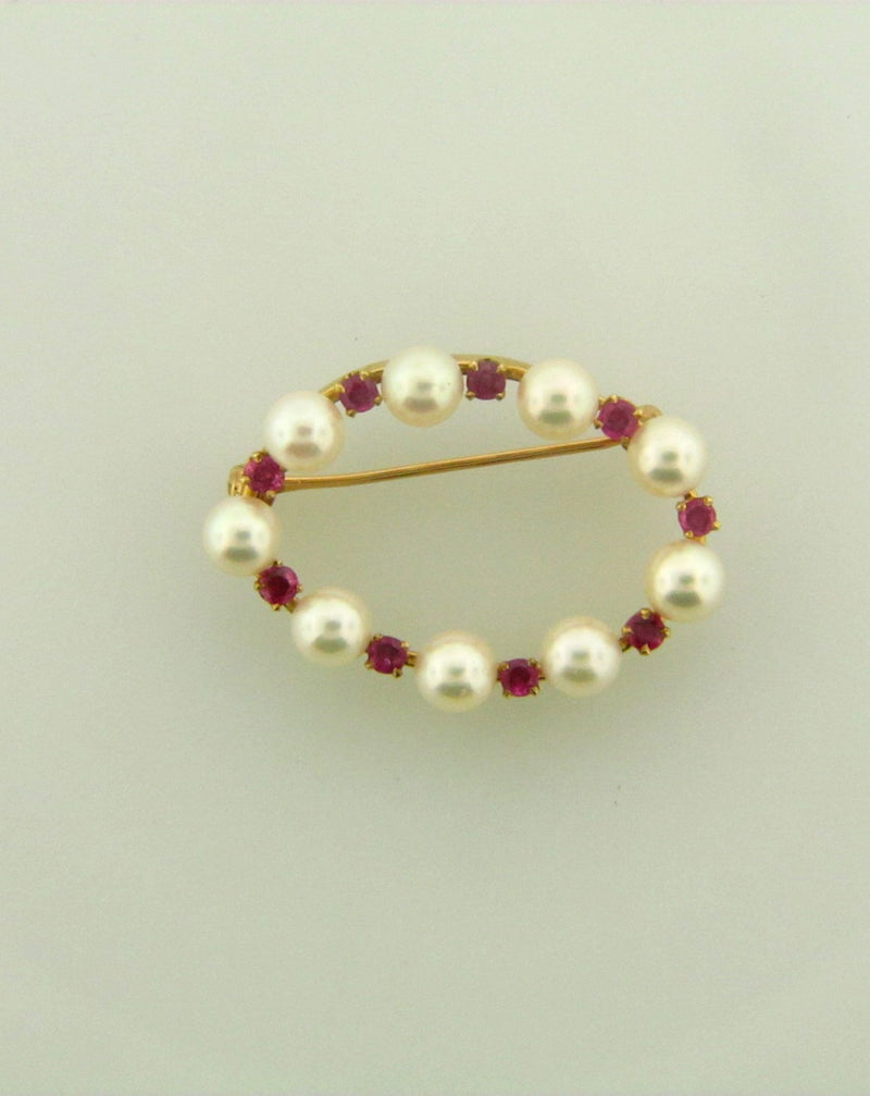 14K Rose Gold Pearl and Rubies Brooch/Pin | 18 Karat Appraisers | Beverly Hills, CA | Fine Jewelry