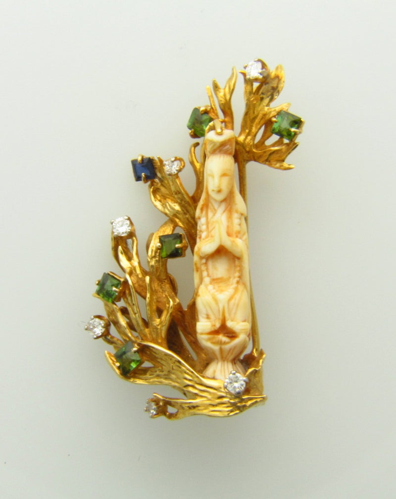 18K Yellow Gold, Gemstone and Ivory Brooch | 18 Karat Appraisers | Beverly Hills, CA | Fine Jewelry