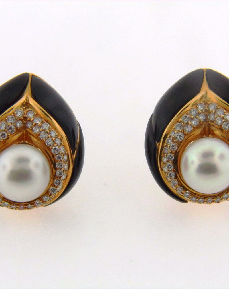 18K Yellow Gold Pearl, Diamond, and Black Onyx Earclips | 18 Karat Appraisers | Beverly Hills, CA | Fine Jewelry
