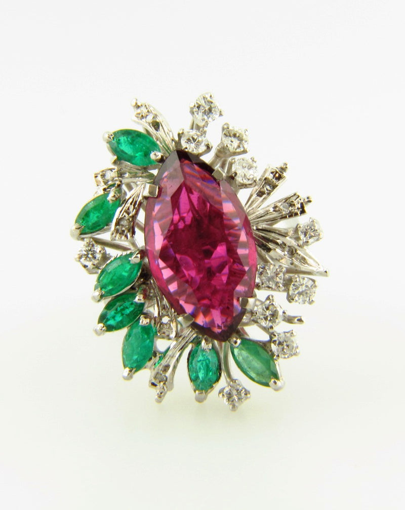 18K White Gold, Rubellite, Emerald, and Diamond Ring | 18 Karat Appraisers | Beverly Hills, CA | Fine Jewelry