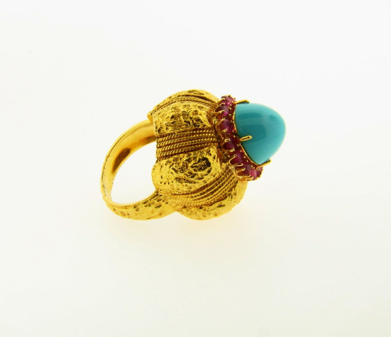 18K Yellow Gold, Turquoise and Ruby Dome Ring | 18 Karat Appraisers | Beverly Hills, CA | Fine Jewelry