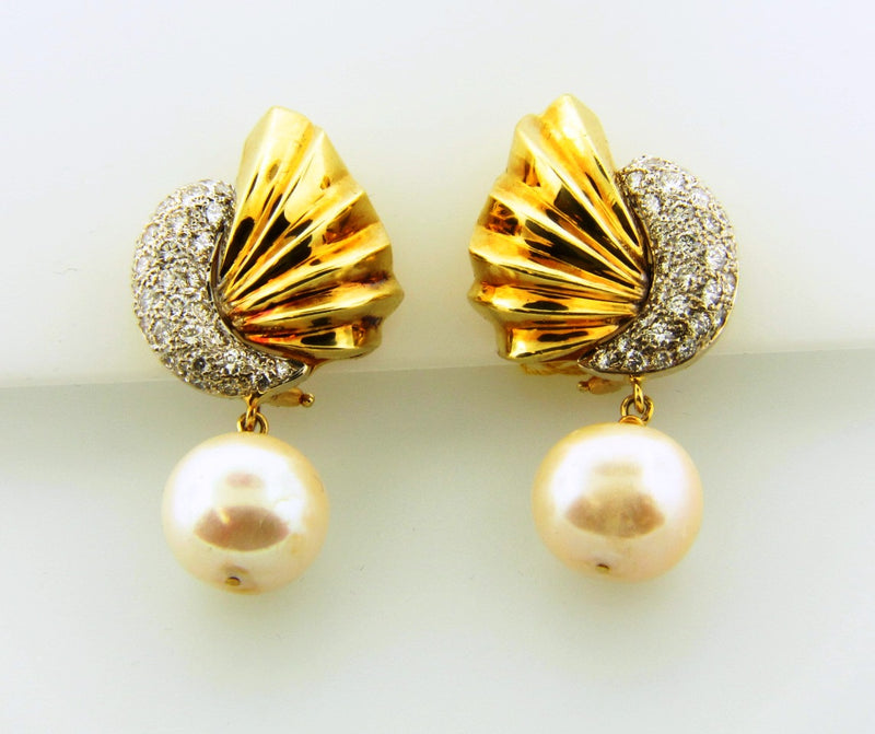 18K Yellow Gold, Pearl and Diamond Dangling Earrings | 18 Karat Appraisers | Beverly Hills, CA | Fine Jewelry