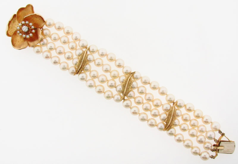 Cultured Pearl, Diamond, and 14K Yellow Gold Bracelet