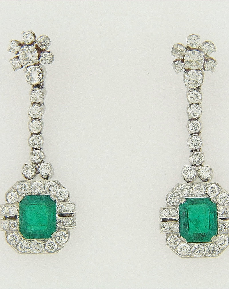 18K WHITE GOLD / PLATINUM EMERALD AND DIAMOND DANGLING EARRINGS | 18 Karat Appraisers | Beverly Hills, CA | Fine Jewelry