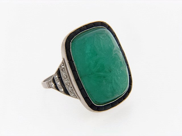 PLATINUM EMERALD, DIAMOND, AND BLACK ONYX RING | 18 Karat Appraisers | Beverly Hills, CA | Fine Jewelry