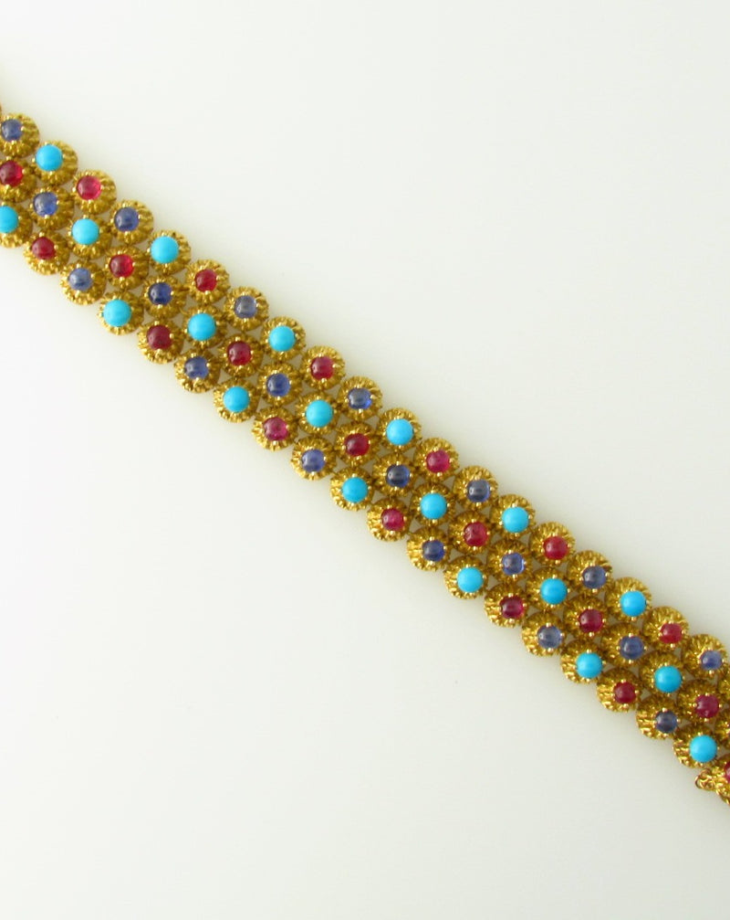 18K Yellow Gold, Ruby, Sapphire, and Turquoise Bracelet | 18 Karat Appraisers | Beverly Hills, CA | Fine Jewelry