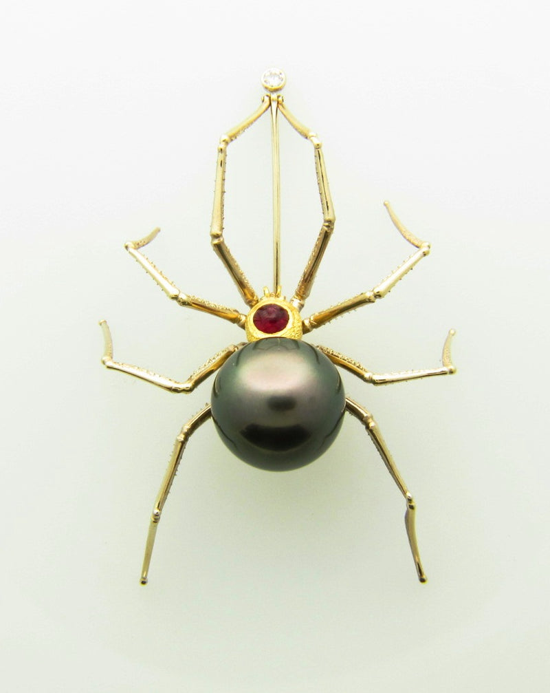 18K Yellow and White Gold, Pearl, Ruby, and Diamond Spider Brooch | 18 Karat Appraisers | Beverly Hills, CA | Fine Jewelry