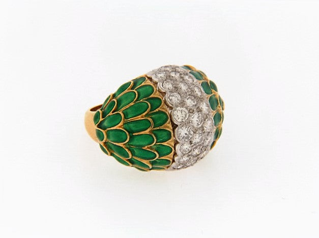 18K-YG + PLATINUM DIAMOND AND GREEN ENAMEL RING