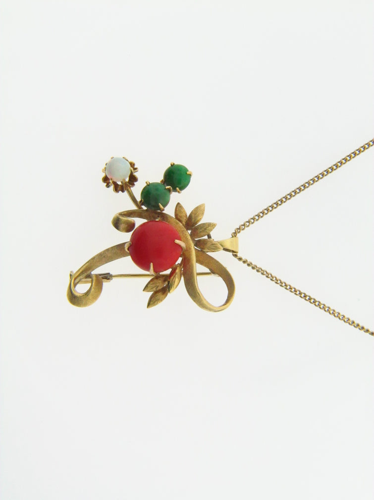 14K Yellow Gold Coral, Jade, and White Opal Pendant | 18 Karat Appraisers | Beverly Hills, CA | Fine Jewelry