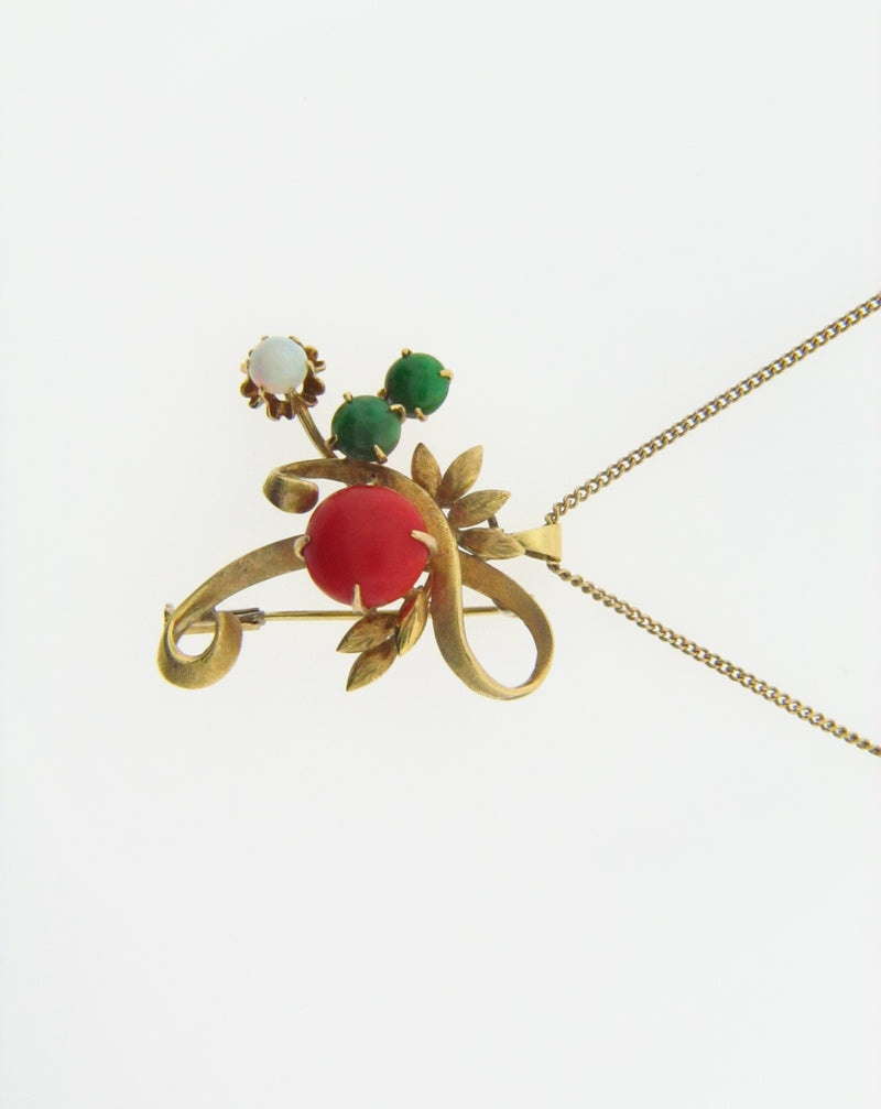 14K Yellow Gold Coral, Jade, and White Opal Pendant | 18 Karat Appraisers | Beverly Hills, CA | Fine Jewelry