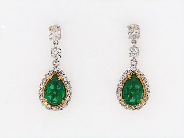 18K-WG+YG EMERALD AND DIAMOND DANGLE EARRINGS