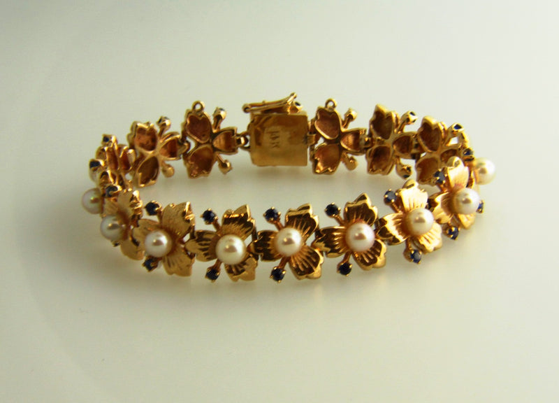 14K Yellow Gold, Pearl and Sapphire Bracelet | 18 Karat Appraisers | Beverly Hills, CA | Fine Jewelry