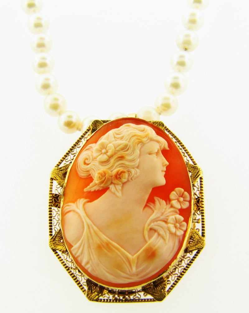 Cameo Brooch Pendant with Pearl Strand Necklace | 18 Karat Appraisers | Beverly Hills, CA | Fine Jewelry