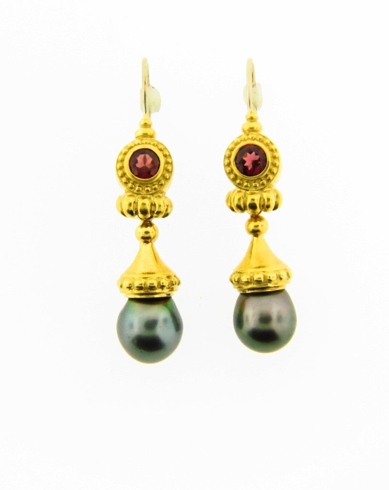 18K Yellow Gold Pearl and Garnet Dangling Earrings | 18 Karat Appraisers | Beverly Hills, CA | Fine Jewelry