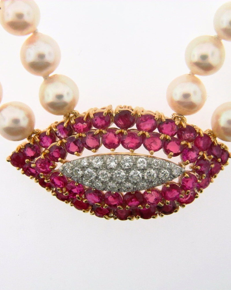 14K Yellow Gold, Ruby and Diamond Pearl Necklace