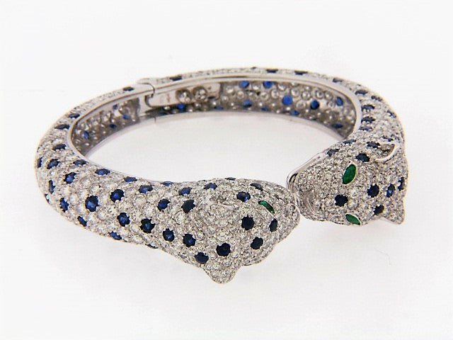 PLATINUM DIAMOND PAVE, SAPPHIRE AND EMERALD PANTHER BANGLE