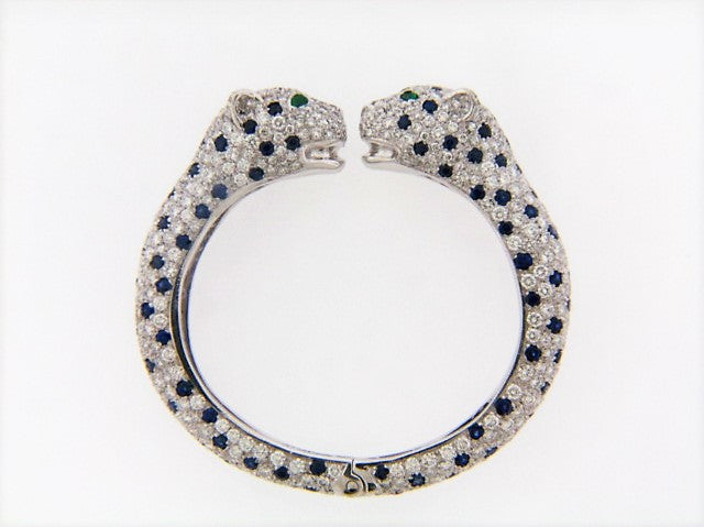 PLATINUM DIAMOND PAVE, SAPPHIRE AND EMERALD PANTHER BANGLE