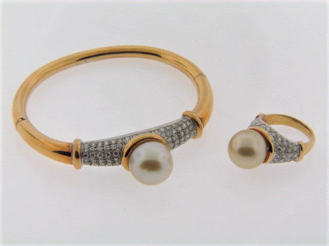 18K Yellow Gold, Diamond and South Sea Pearl Bangle Bracelet