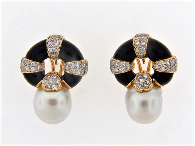 18K-YG PEARL, DIAMOND AND BLACK ONYX EARRINGS