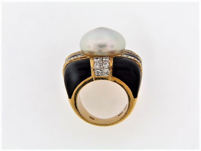 18K-YG PEARL, DIAMOND AND BLACK ONYX RING