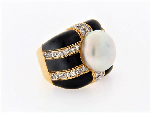 18K-YG PEARL, DIAMOND AND BLACK ONYX RING